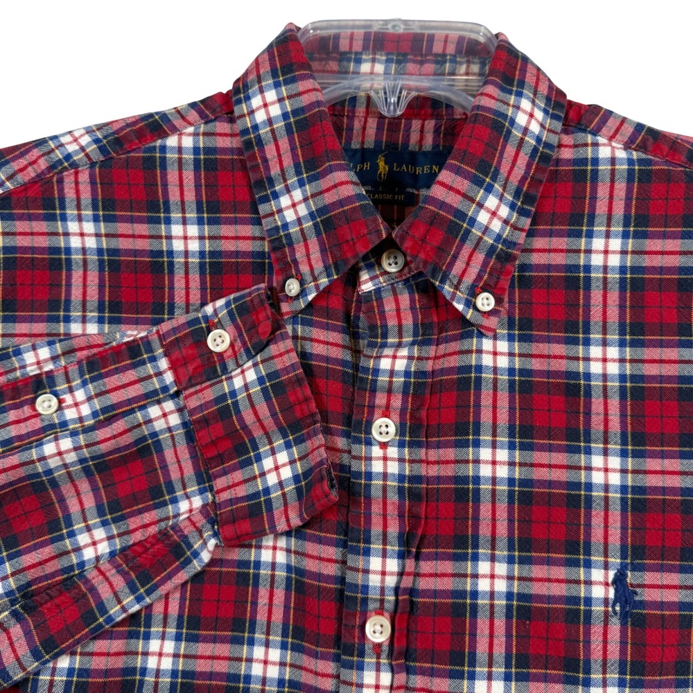 Ralph Lauren Shirt Mens Large Red Navy Blue Plaid Classic Fit Cotton Long Sleeve